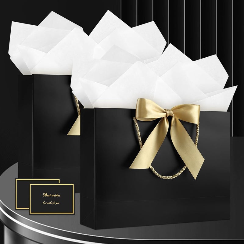 JMANNI Gift Bag, Medium Gift Bags with Tissue Paper, 2Pcs Gift Bags Medium Size with Handle and Bow Ribbon for Any Birthday,Weddings, Mothers Day & Special Occasion 11''x7.87''x4''(Black) - Image 2